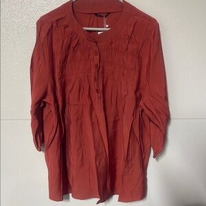 BloomChic Brown Blouse with Smocked Mandarin Collar